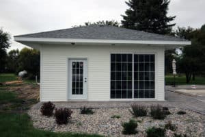Exterior of newly constructed pool house building
