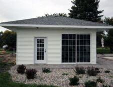 Exterior of newly constructed pool house building