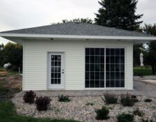 Exterior of newly constructed pool house building